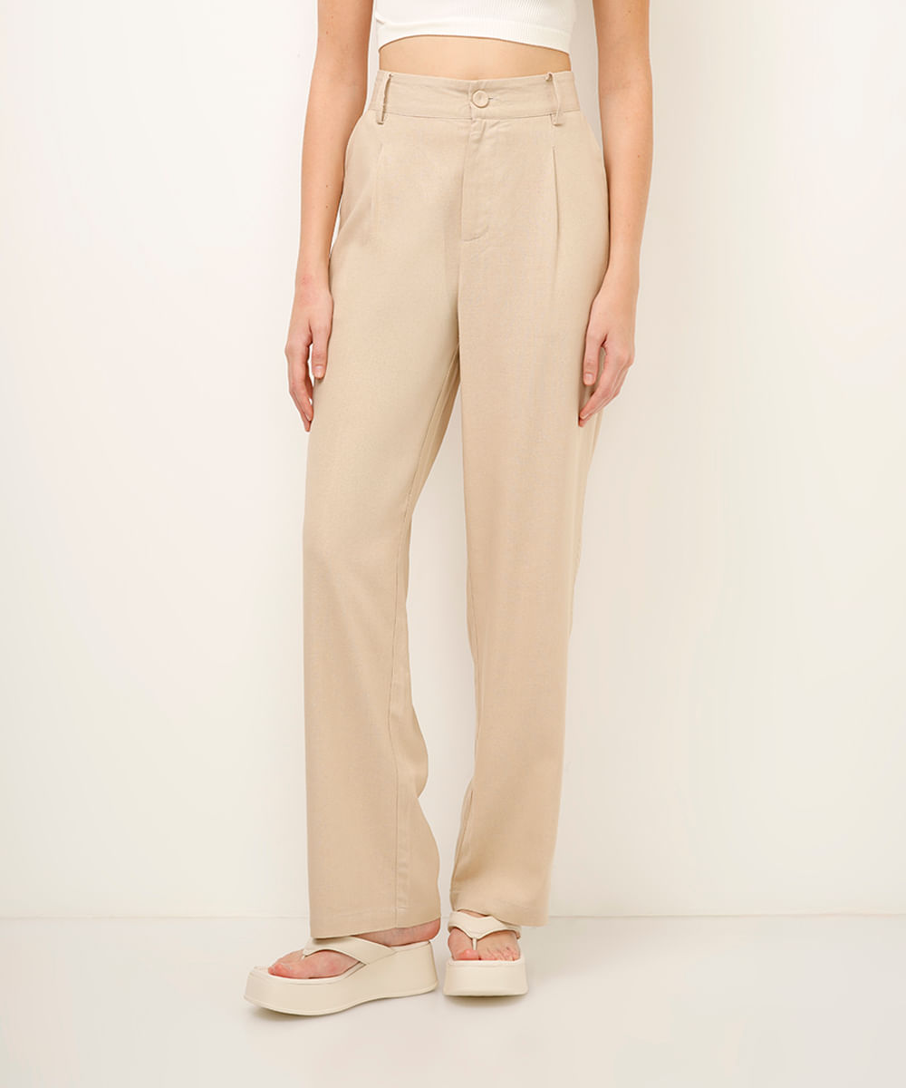 calça wide leg com linho - bege