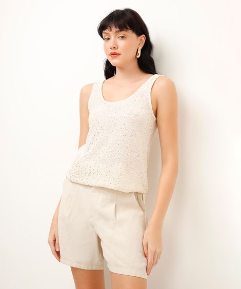 regata alongada de tricot com paetê off white