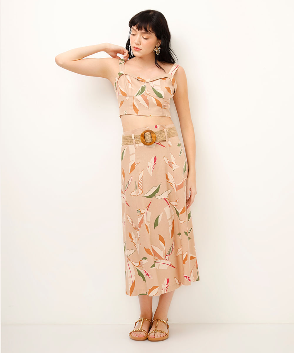 cropped com linho decote coração folhagens bege