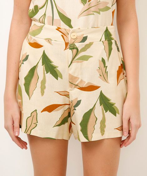 short com linho folhagens bege