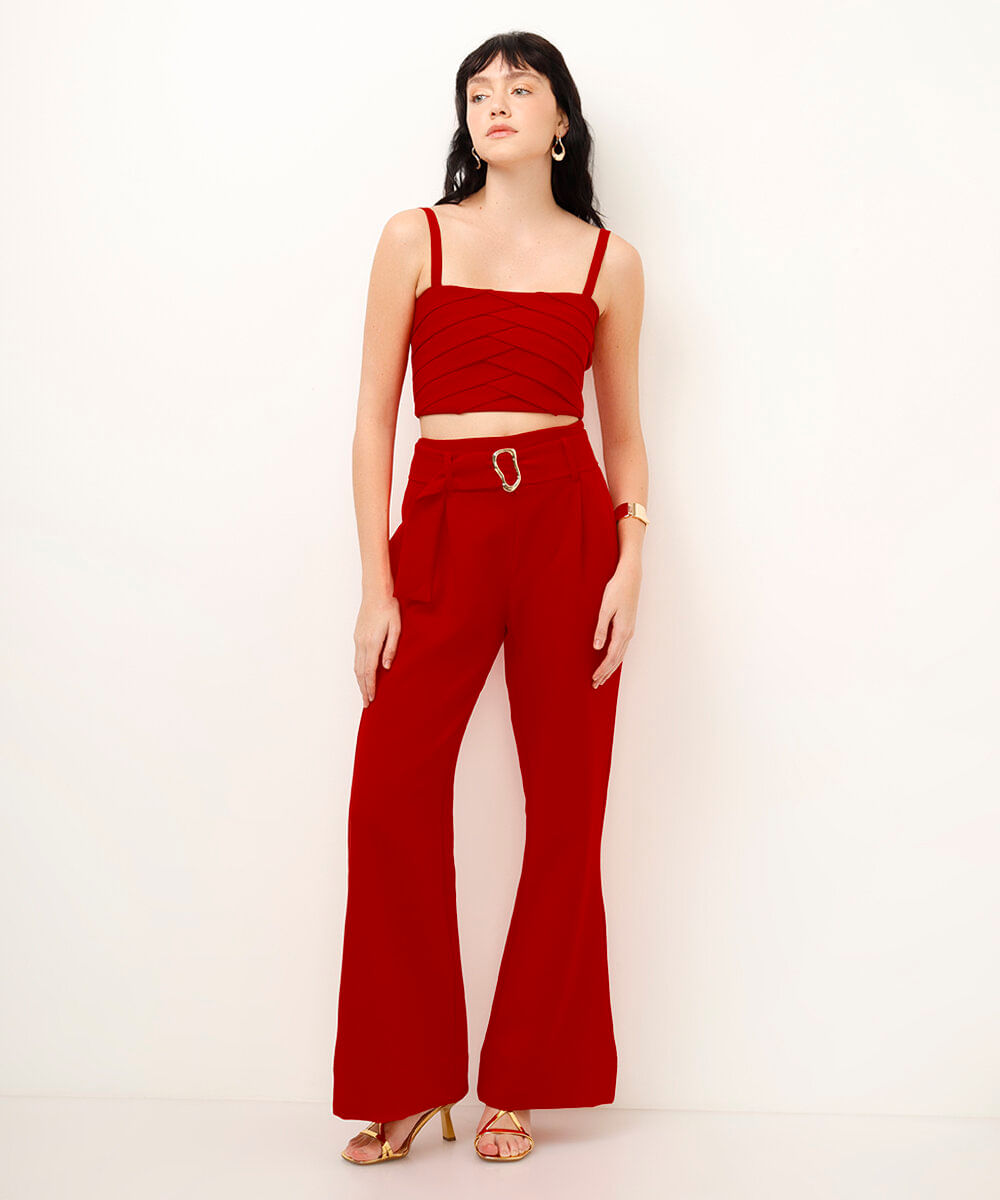 cropped alça fina com dobraduras vermelho