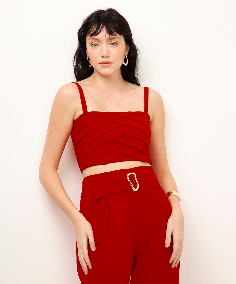 cropped alça fina com dobraduras vermelho