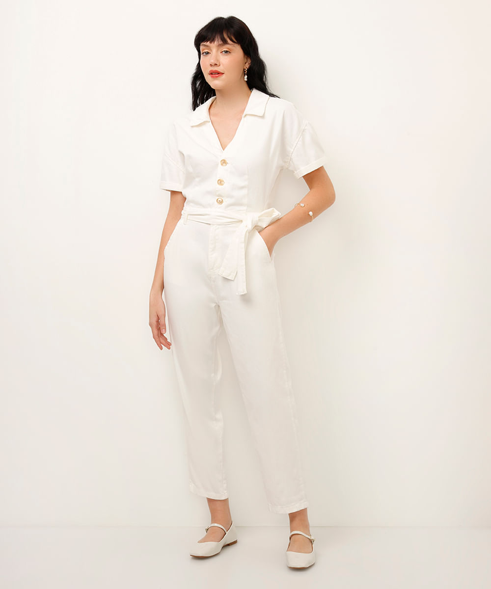 macacão de sarja com faixa off white