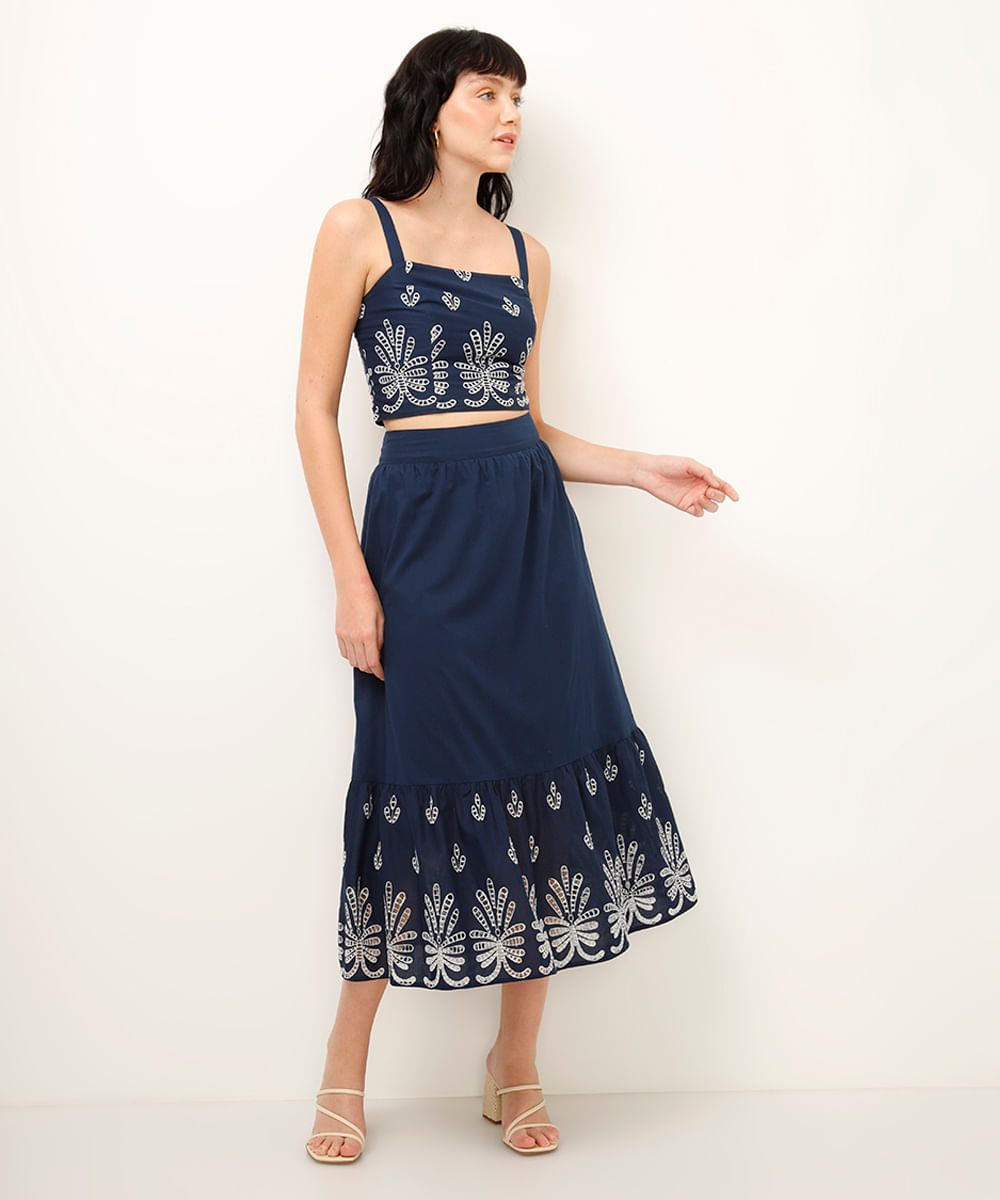 saia midi com bordado azul