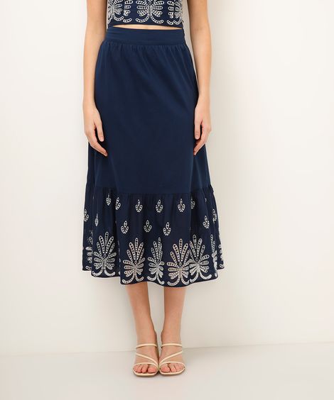 saia midi com bordado azul