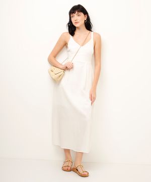 vestido midi decote v com linho off white