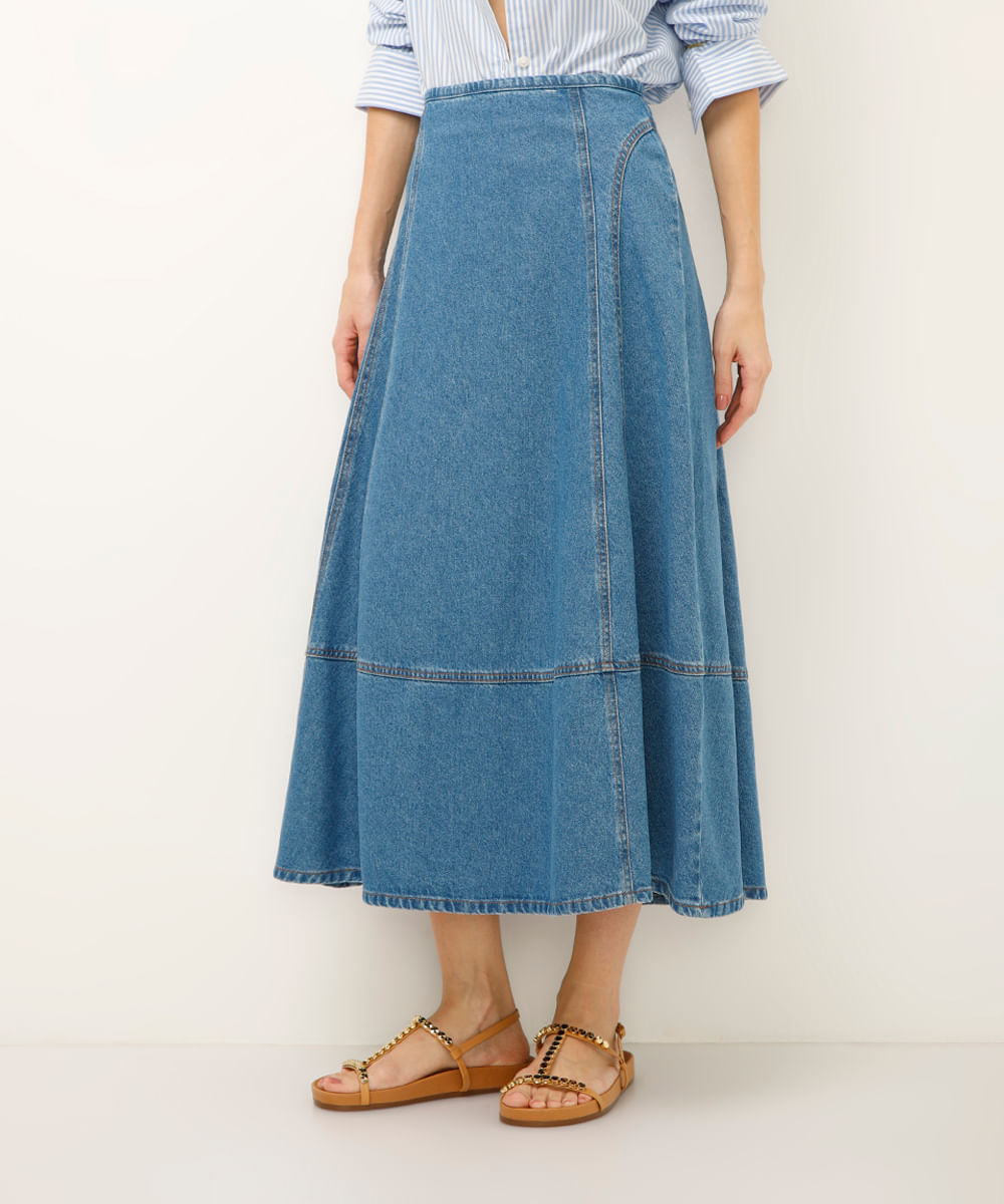 saia midi jeans com recortes azul