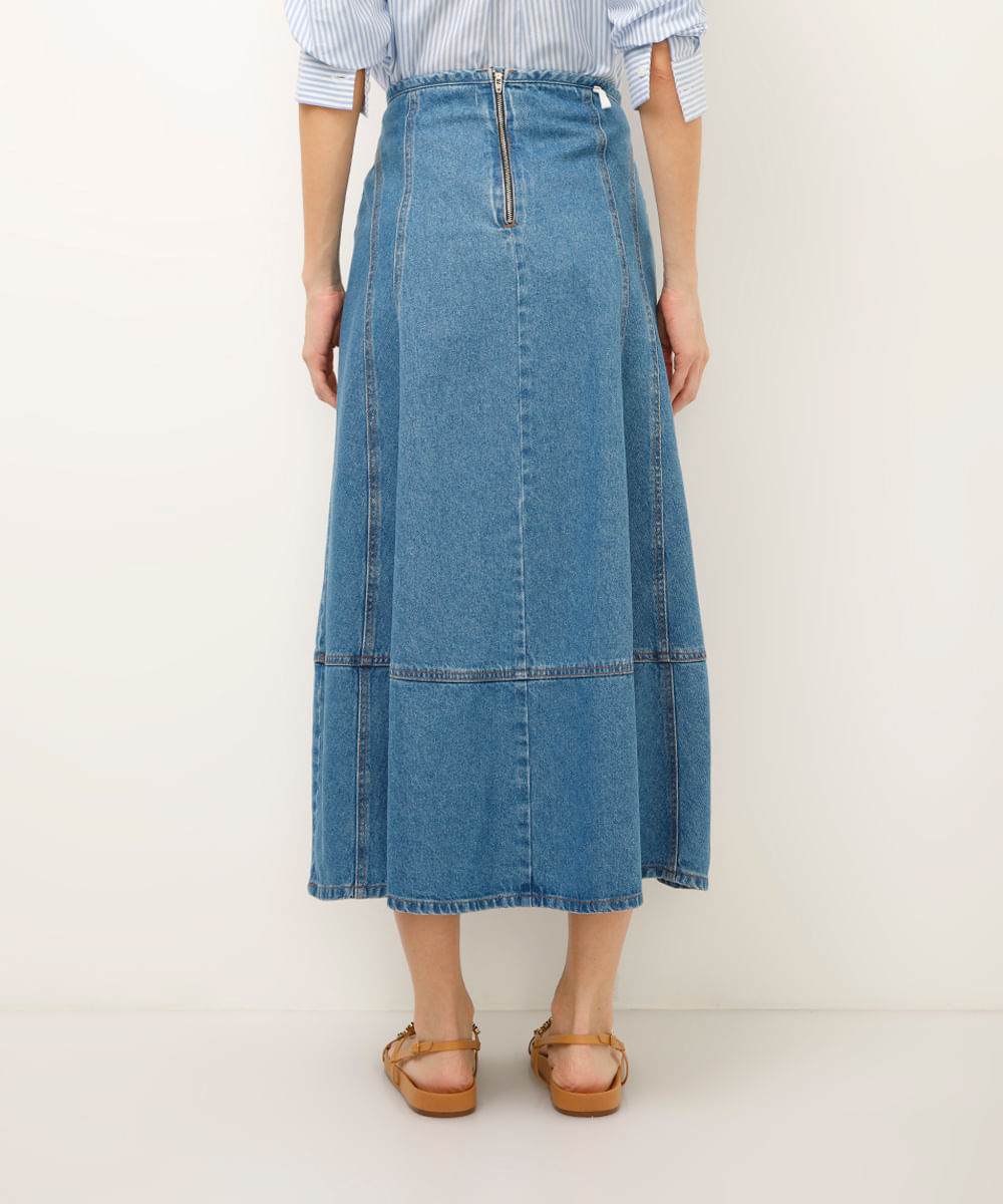 saia midi jeans com recortes azul