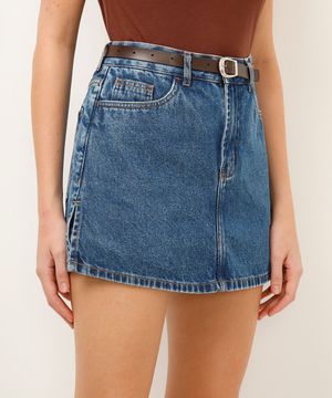 short saia jeans com cinto azul