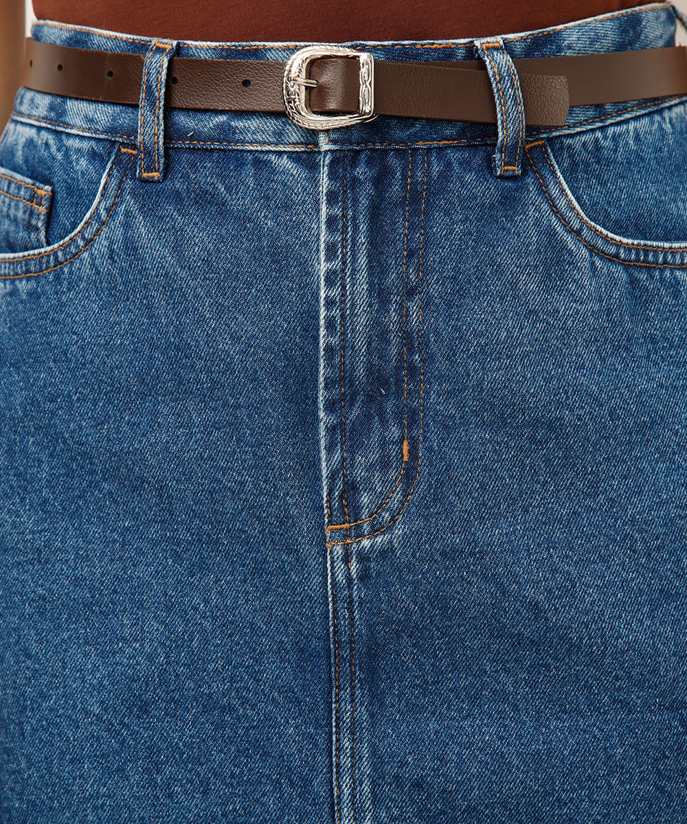 short saia jeans com cinto azul