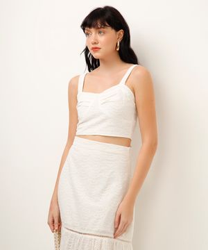 cropped de laise decote coração off white