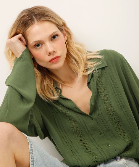 camisa de viscose com renda verde