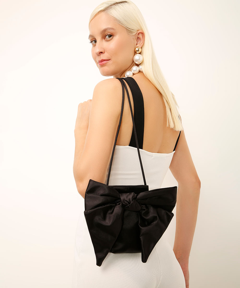 bolsa phone bag acetinada com laço preta