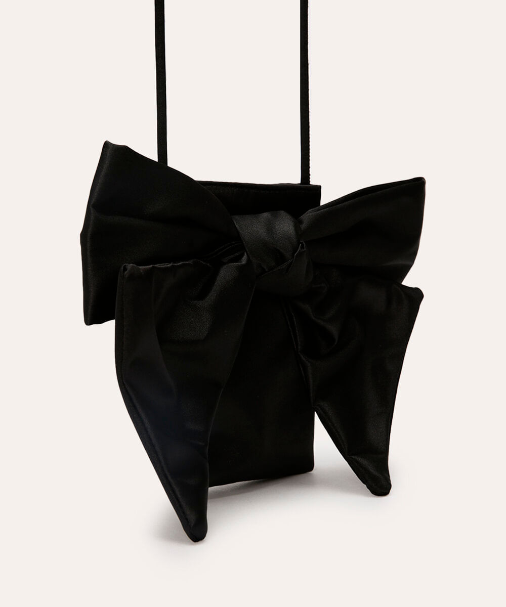 bolsa phone bag acetinada com laço preta