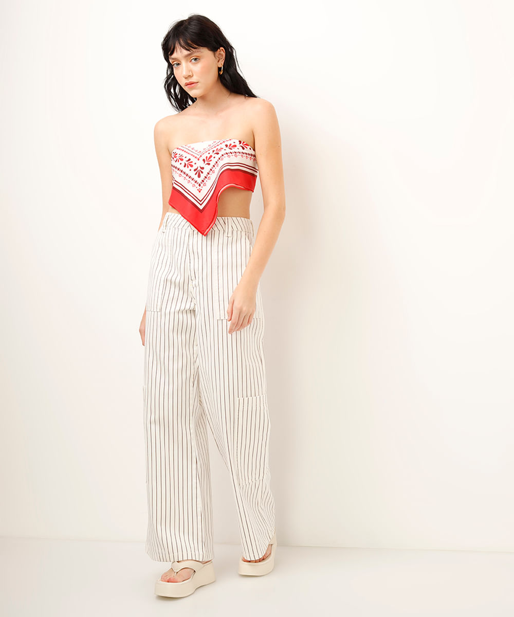 calça wide leg de sarja listrada branca