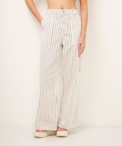 calça wide leg de sarja listrada branca