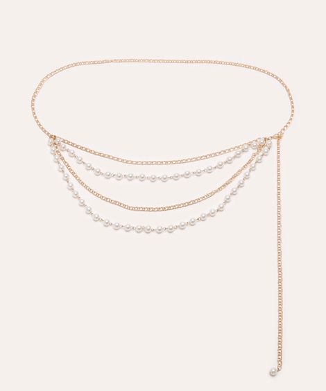 cinto de corrente com pérolas dourado