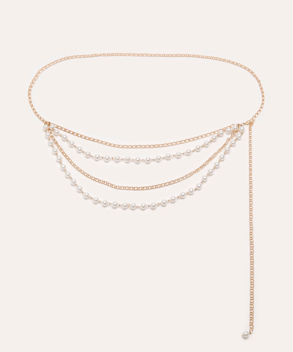 cinto de corrente com pérolas dourado