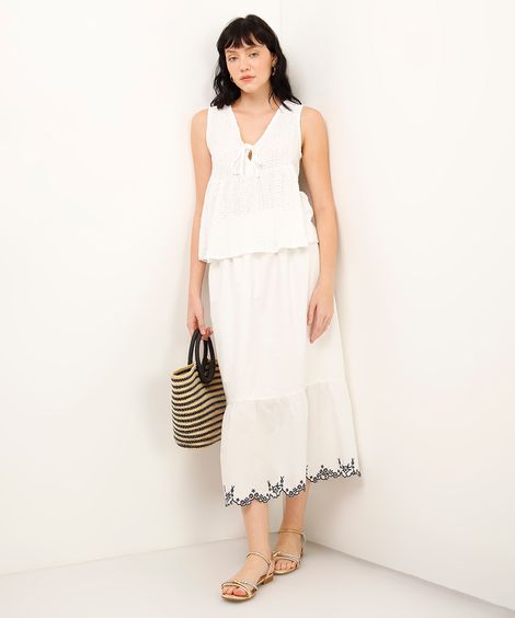 saia midi de algodão com bordado off white