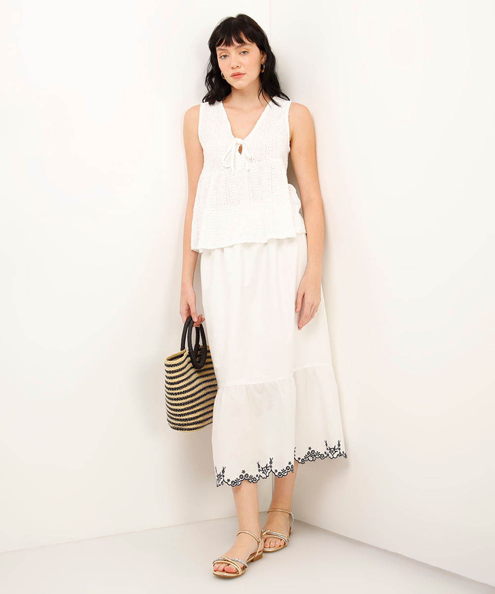 saia midi de algodão com bordado off white