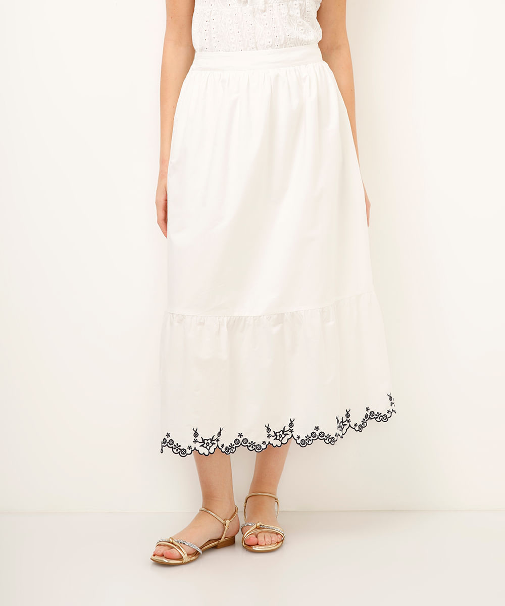 saia midi de algodão com bordado off white