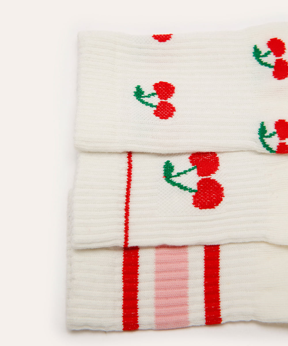 kit de 3 meias infantis cano alto cereja off white