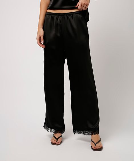 calça reta acetinada com renda mindset preta