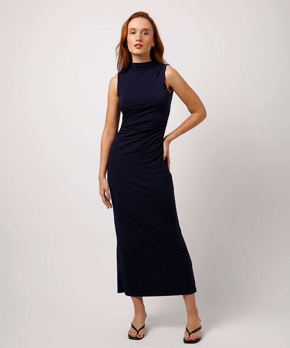vestido longo franzido mindset azul