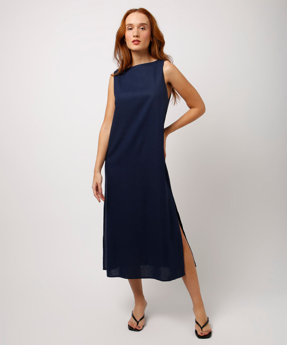 vestido midi com linho mindset azul