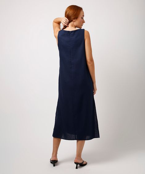 vestido midi com linho mindset azul