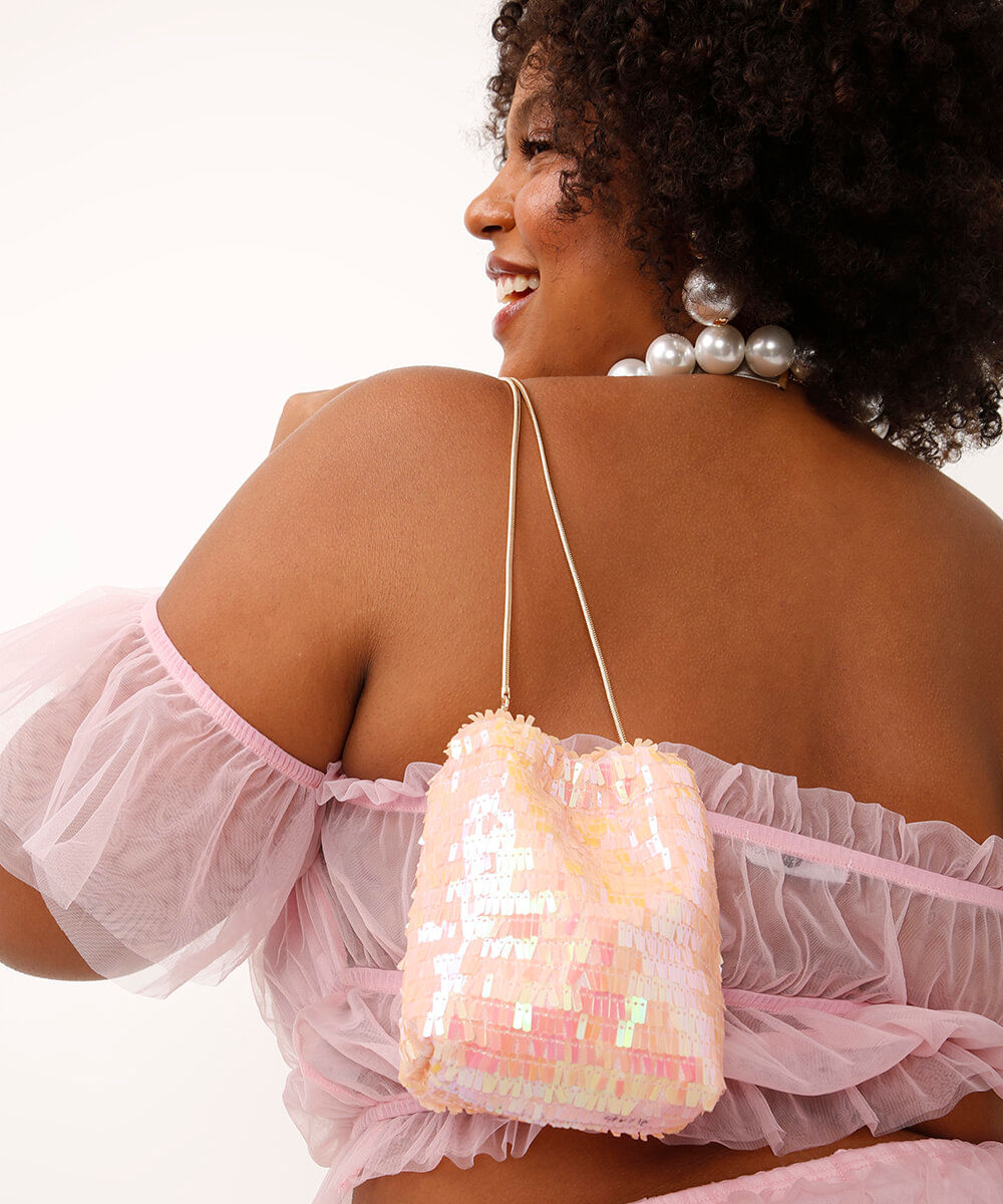 bolsa phone bag de paetê rosa