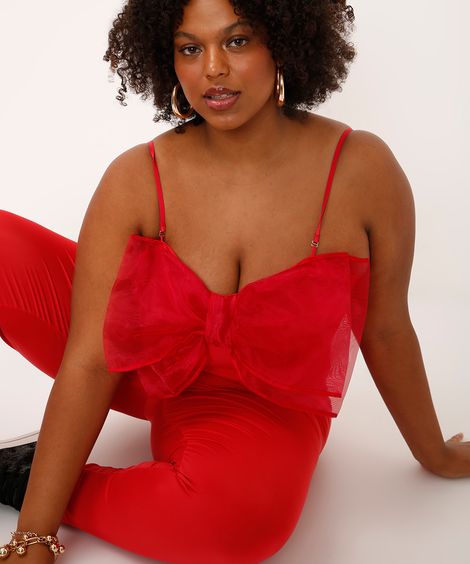 macacão alça fina com laço plus size vermelho
