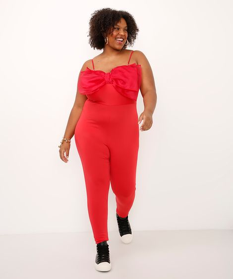 macacão alça fina com laço plus size vermelho