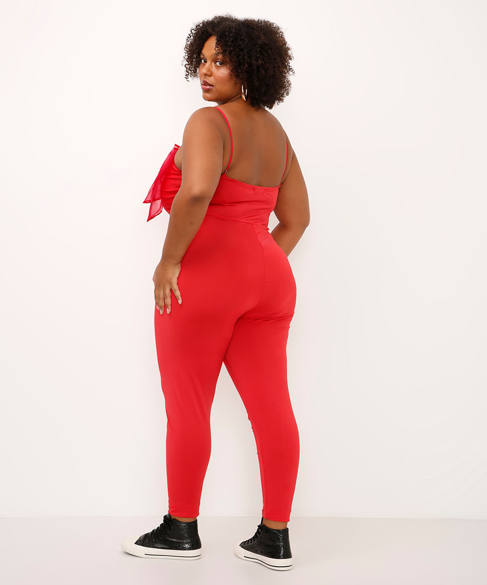 macacão alça fina com laço plus size vermelho
