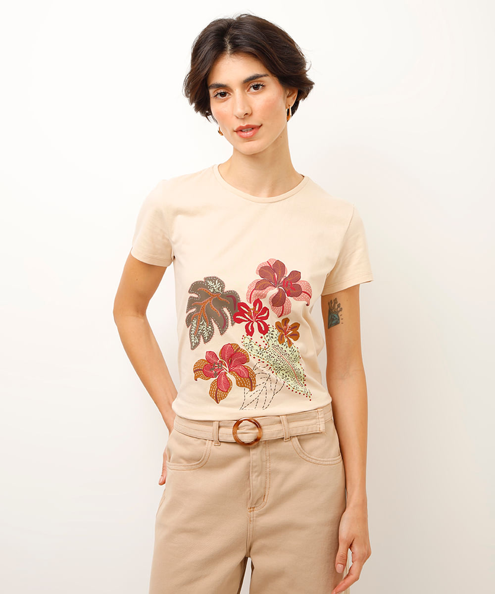 camiseta de algodão floral bege