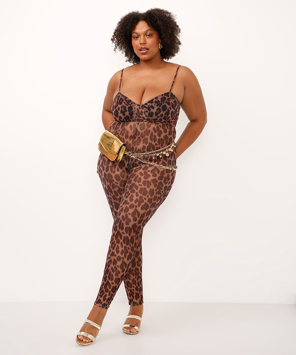 macacão de tule animal print plus size bege
