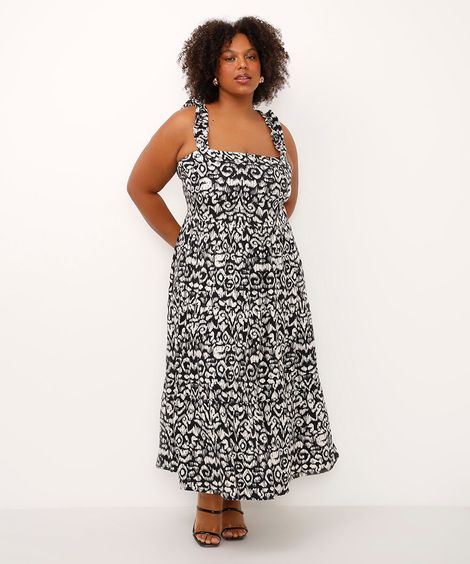 vestido de viscose estampado plus size preto