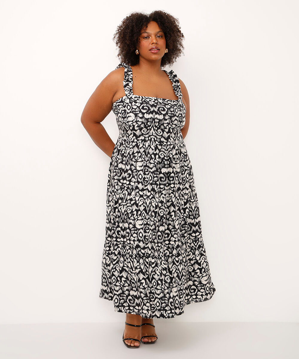 vestido de viscose estampado plus size preto