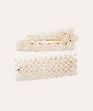 kit de 2 presilhas de cabelo pérolas branco