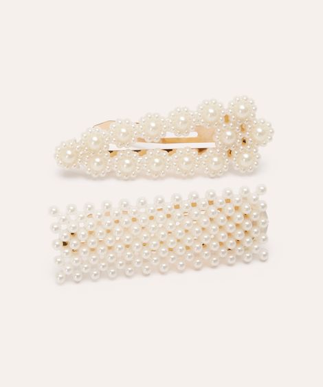 kit de 2 presilhas de cabelo pérolas branco