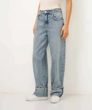 calça baggy jeans barra virada azul