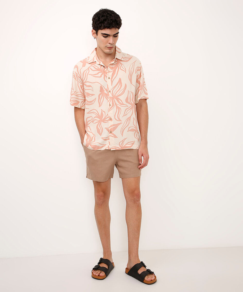 camisa com linho manga curta folhagem bege