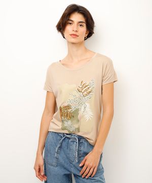 blusa de viscose folhagem com paetê bege