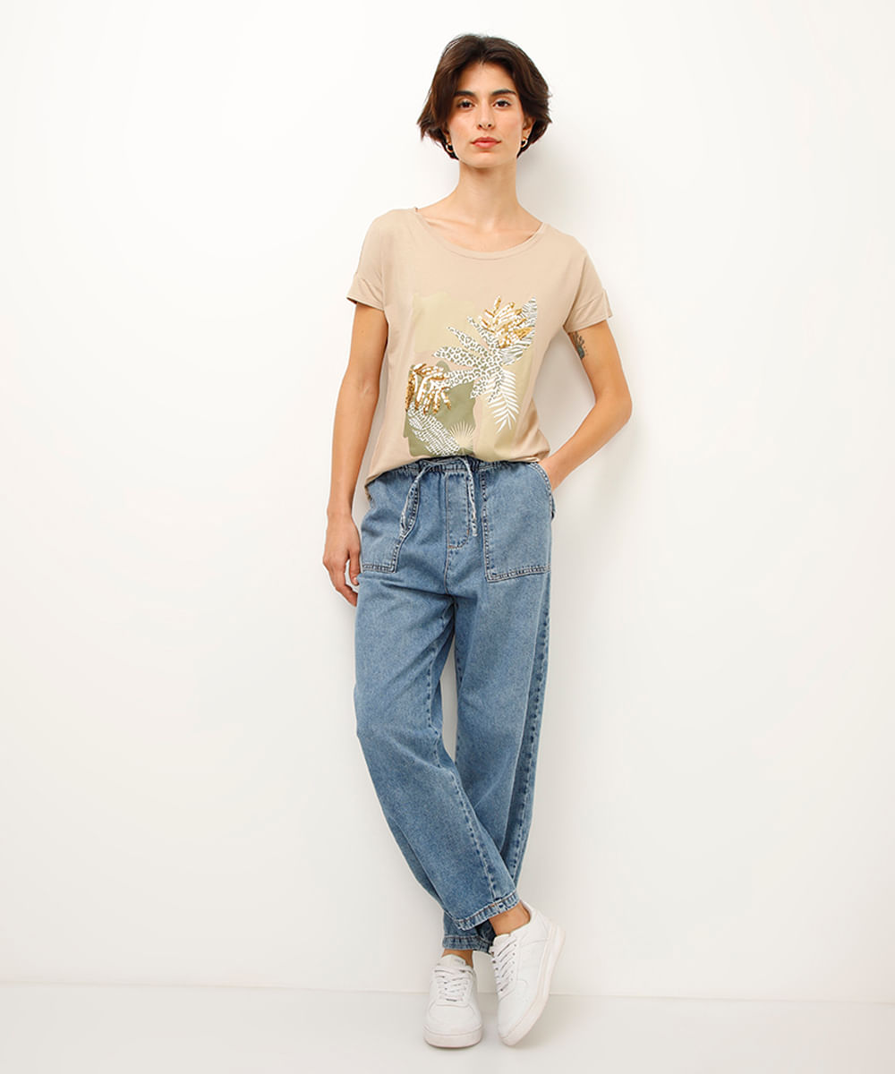 blusa de viscose folhagem com paetê bege