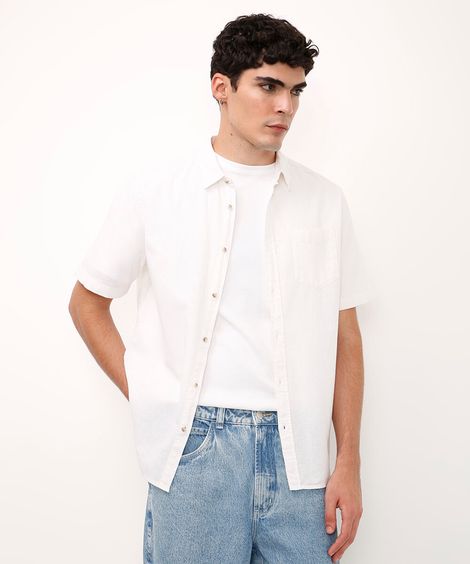 camisa comfort com linho manga curta - branco