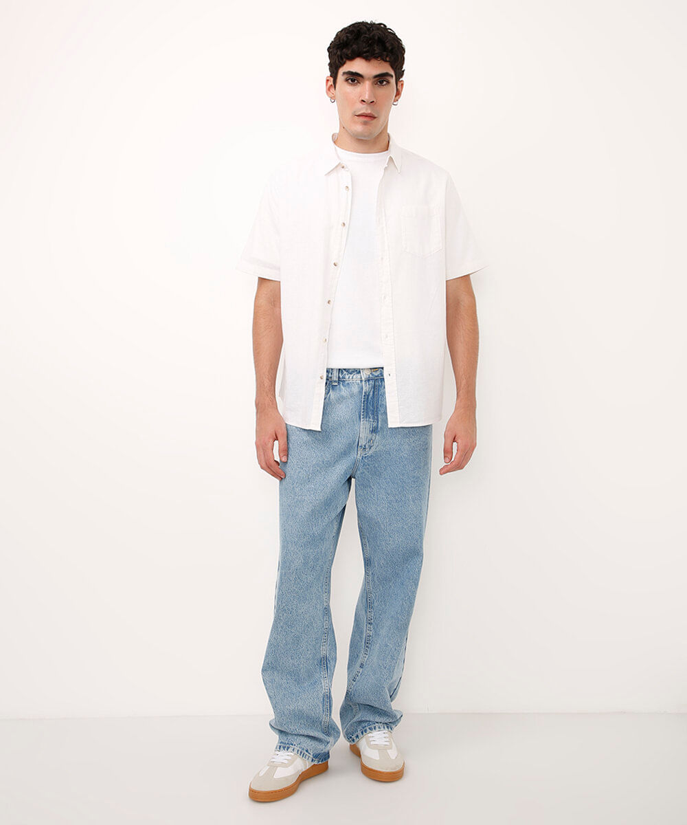 camisa comfort com linho manga curta - branco