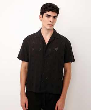 camisa de laise manga curta floral - preto