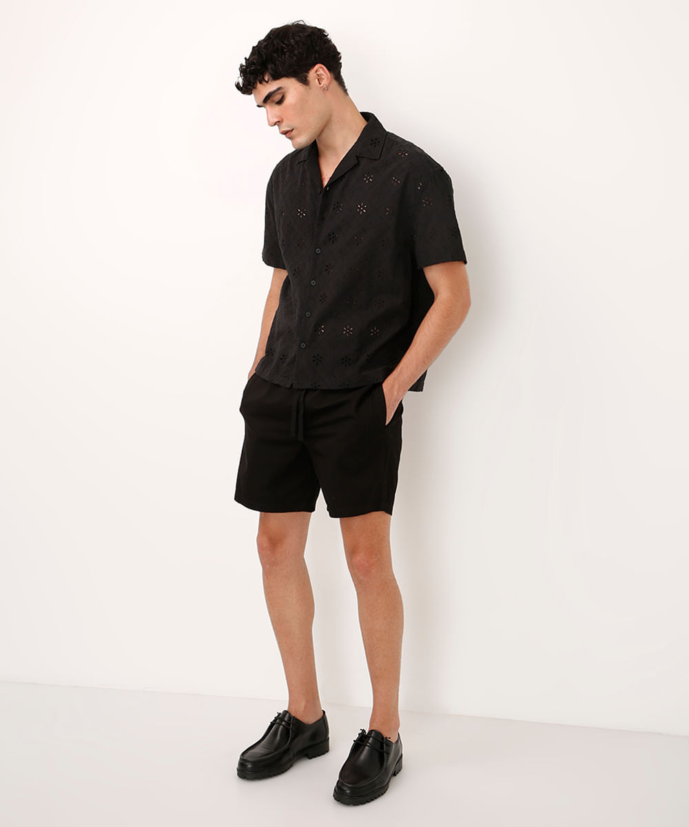 camisa de laise manga curta floral - preto