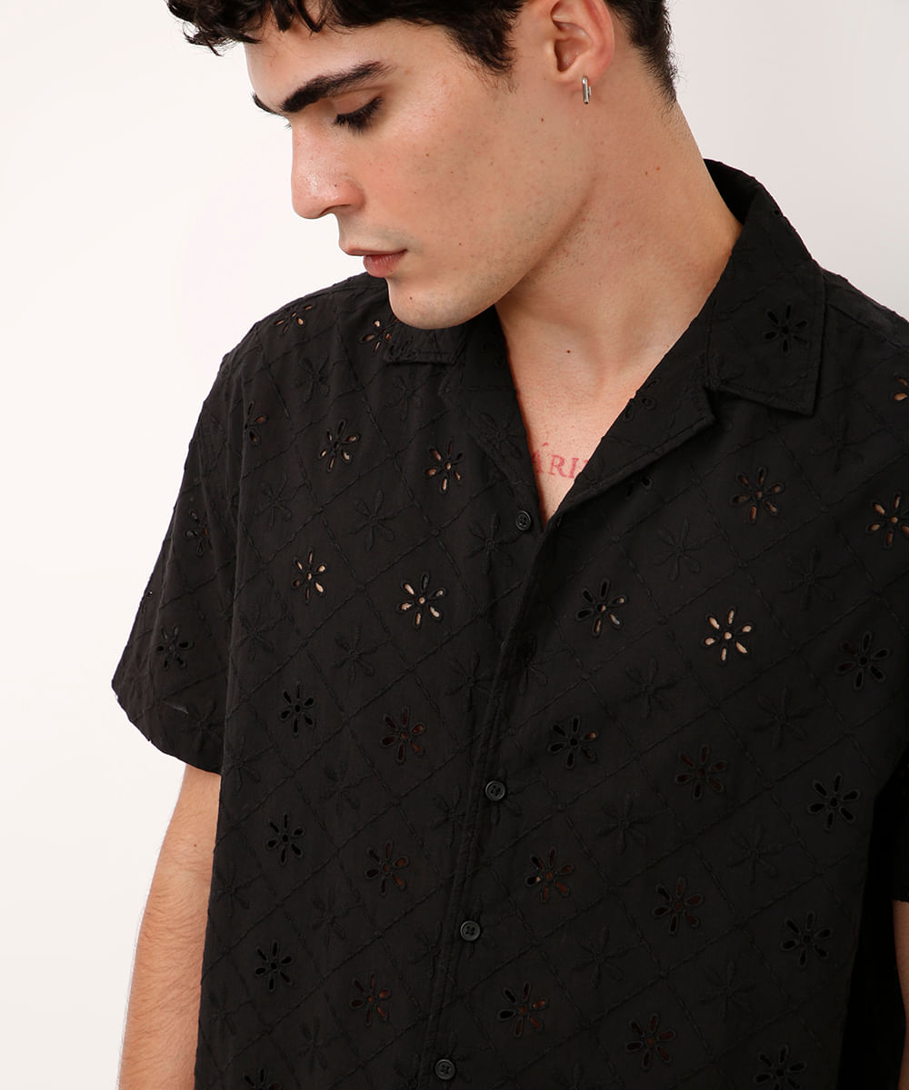 camisa de laise manga curta floral - preto