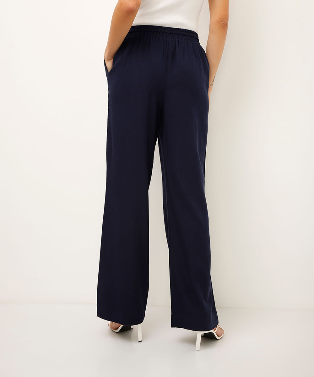 calça reta com linho cós elástico azul